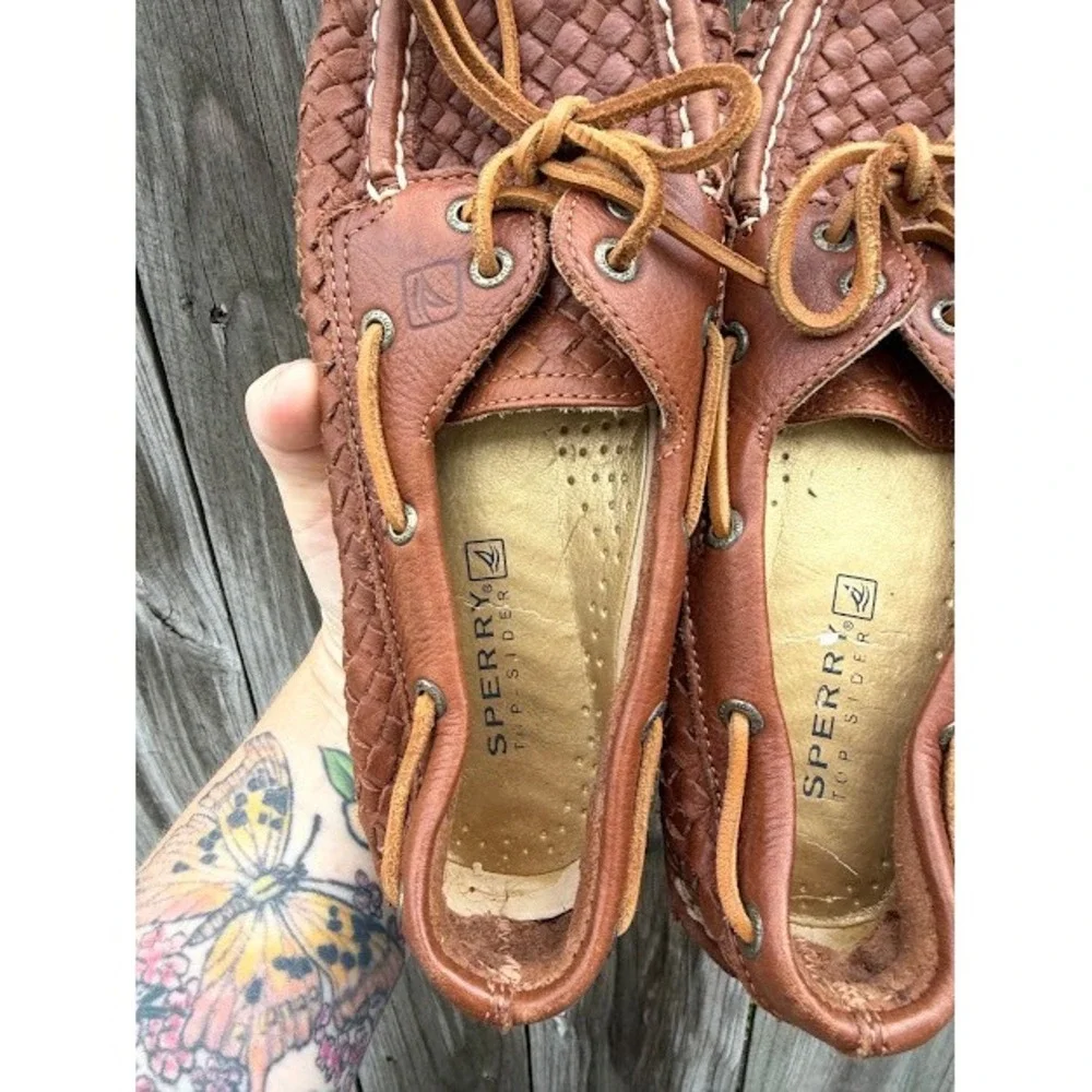 Coastal Preppy Sperry Top-Sider Boat Shoes 7.5 Brown Woven Leather Loafers